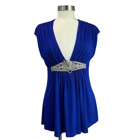 Forever 21 Y2K Blue Top Beaded Empire Waist Deep V Party Evening Retro - Picture 1 of 7